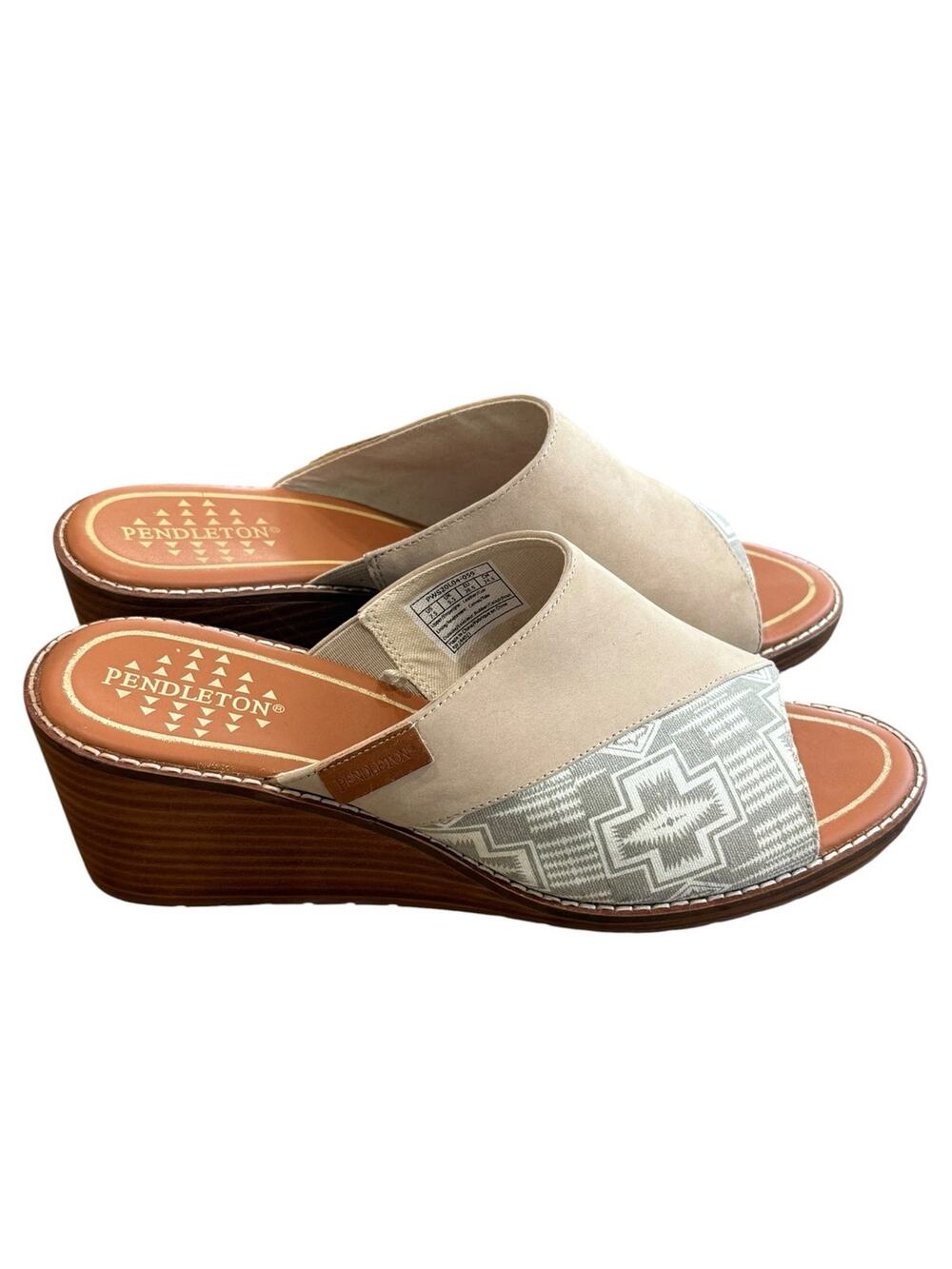 Pendleton Arcata Wedge Slide Sandals Gray Tan Aztec Suede Leather Comfort 7.5